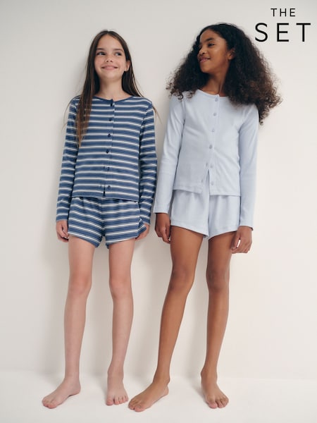 Blue/Navy Blue Stripe - The Set 2 Pack Long Sleeve Rib Button Through Top And Short Pyjamas