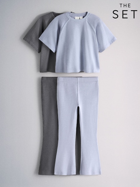 Blue - The Set 2 Pack Washed Jersey Short Sleeve T-shirts And Rib Kickflare Leggings
