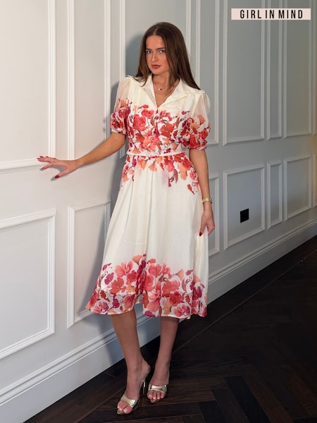 Girl In Mind Cream Holland Cream and Pink Floral Collar Midi Dress (V62215) | $162