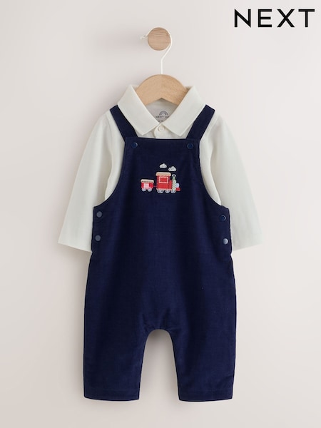 أزرق كحلي ـ تصميم سائق قطار - Cord Dungarees And Bodysuit Baby Set (0mths-3yrs)