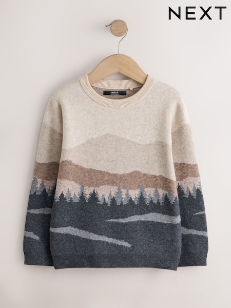 Castanho/Creme - Camisola de gola redonda com estampa de montanha (30-161 ano)