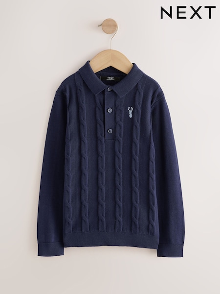 Navy Blue - Stag Cable Knit Polo Shirt (3-16yrs)