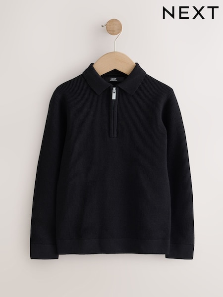 Black - Knitted Zip Neck Polo Shirt (3-16yrs)