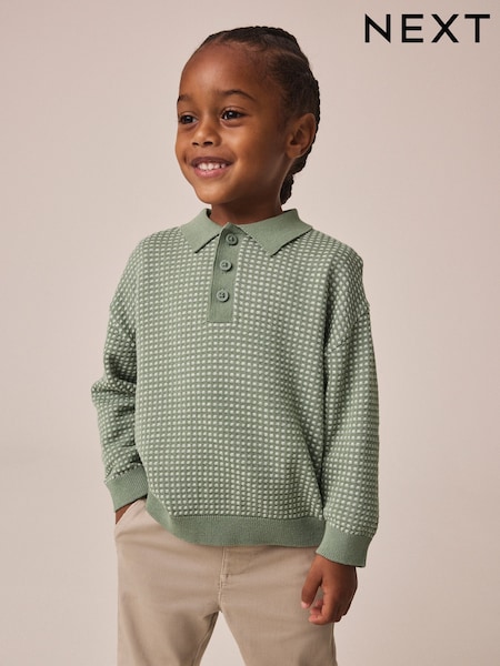 Green - Textured Knitted Popper Neck Polo Shirt (3mths-7yrs)