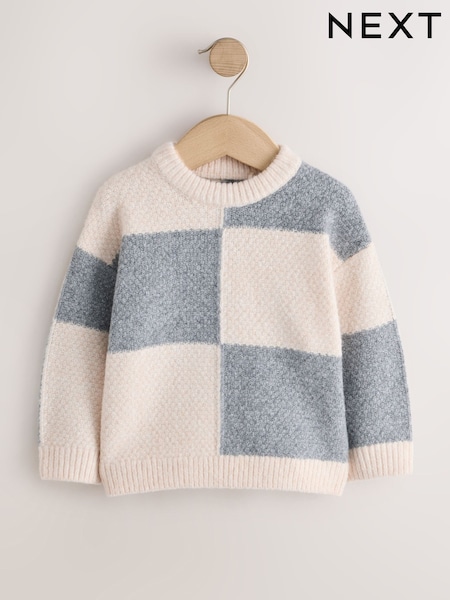 Grey/White - Checkerboard Knit Crew Neck Jumper (3mths-7yrs)