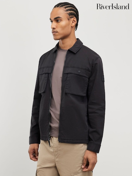 River Island Black Regular Fit Paper Touch Overshirt (V62622) | AED285