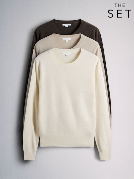 Cream/Light Brown/Chocolate Brown - The Set 3 Pack Soft Knit Crew Neck Long Sleeve Jumpers
