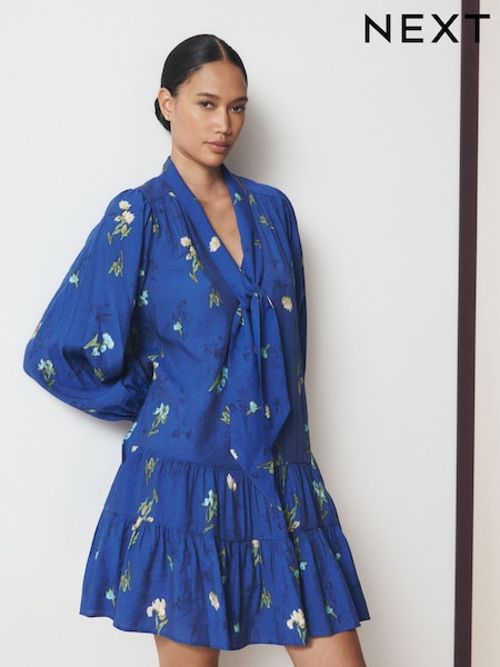 Cobalt Blue Floral Print - Long Sleeve Tie Neck Mini Dress