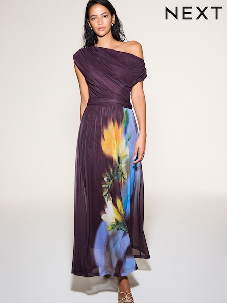 Plum/ Yellow Floral Print - Off Shoulder Mesh Midi Dress
