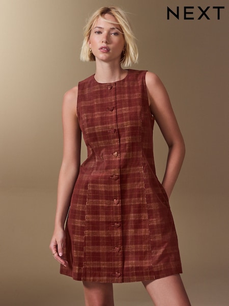 Burgundy Red Check - Cord Button Through Mini Dress