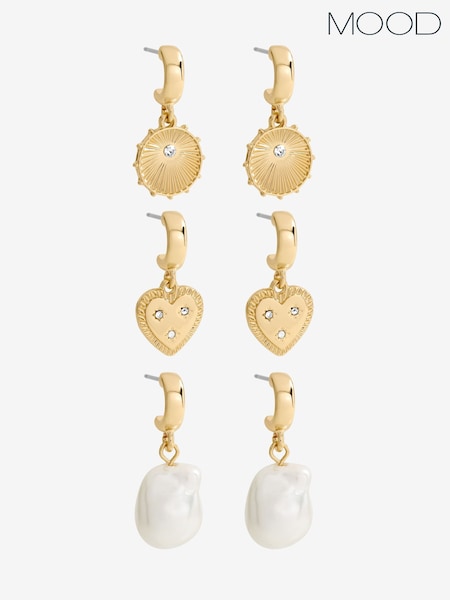 Mood Gold Tone Charm Pearl Earrings - Pack of 3 (V63155) | AED116