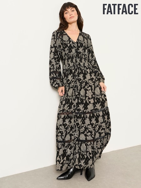 Black Dot Floral - Fatface Jacquard Maxi Dress
