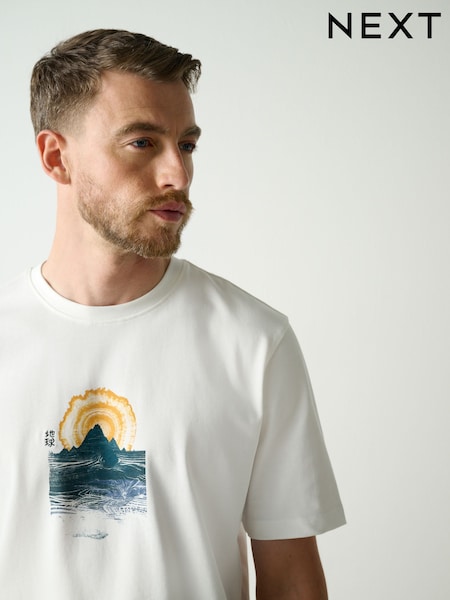 White Japanese Mountain - Regular Fit Graphic Print Heavy Weight T-shirt