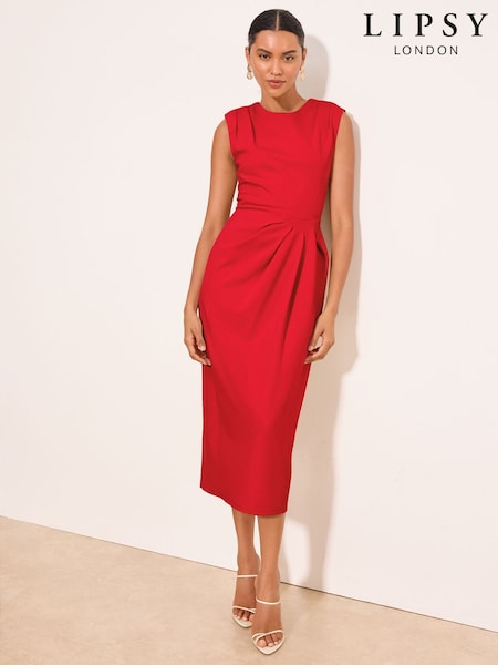 Red - Lipsy Viscose Gathered Waist Sleeveless Column Bodycon Midi Dress