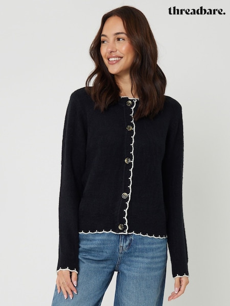 Threadbare Black Crew Neck Scallop Trim Cardigan (V63331) | LKR 14,940