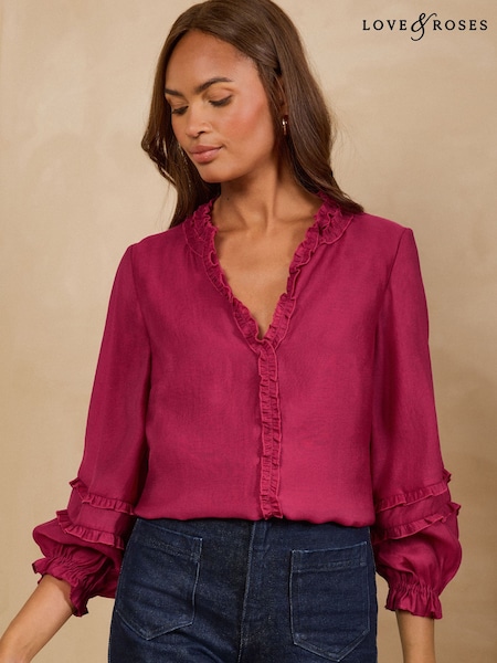 Raspberry Pink - Love & Roses Frill Detail Notch Neck 3/4 Sleeve Blouse