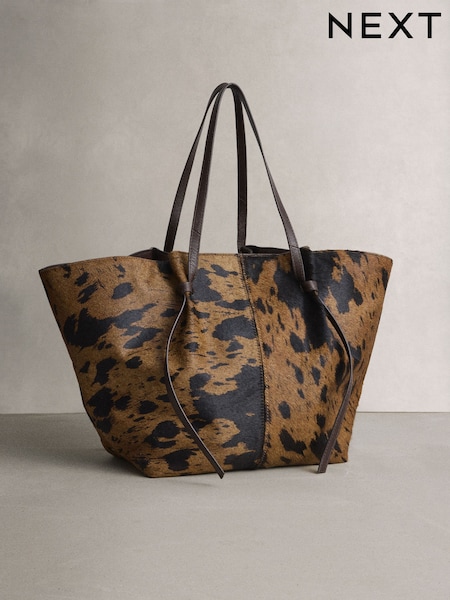 Brown - N.premium Leather Cow Print Large Shoulder Bag