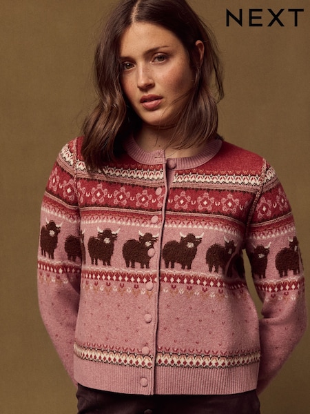 Purple/Pink Fairisle Hamish The Highland Cow - Supersoft Crew Neck Long Sleeve Cardigan