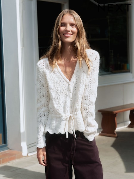 Ecru - Pointelle Knit Tie Waist Cardigan