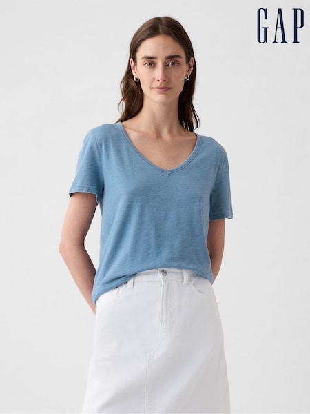 Gap Blue Cotton Vintage Short Sleeve V Neck T-Shirt (V63450) | €10.50