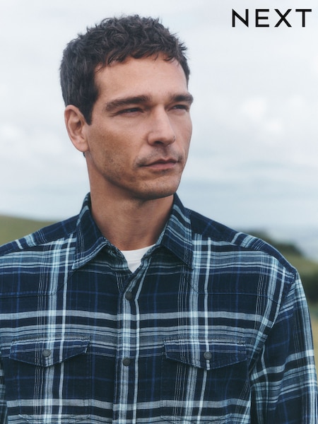 ლურჯი - Regular Check Western Styling Long Sleeve Shirt
