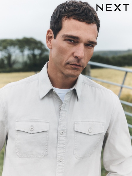 Ecru - Regular Garment Dye Washed Long Sleeve Overshirt