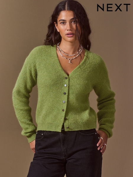 Lime Green - Long Sleeve V-neck Rib Cardigan With Wool