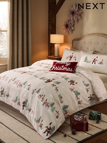 Santa Scene Cotton Christmas Duvet Cover And Pillowcase Set