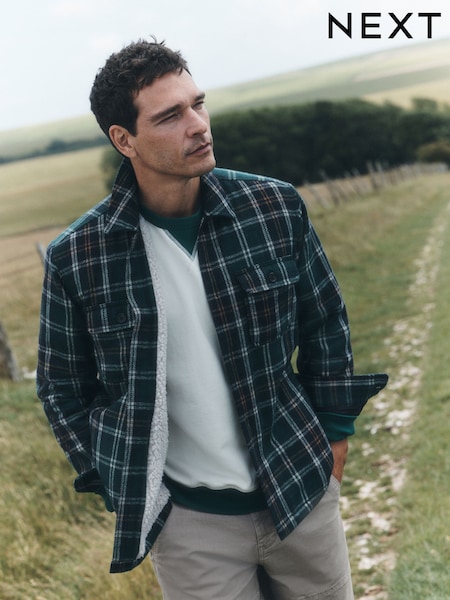 Dark Green - Regular Borg Lined Check Shacket