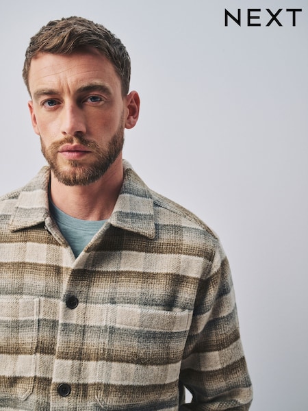 Ecru - Regular Check Wool Blend Shacket