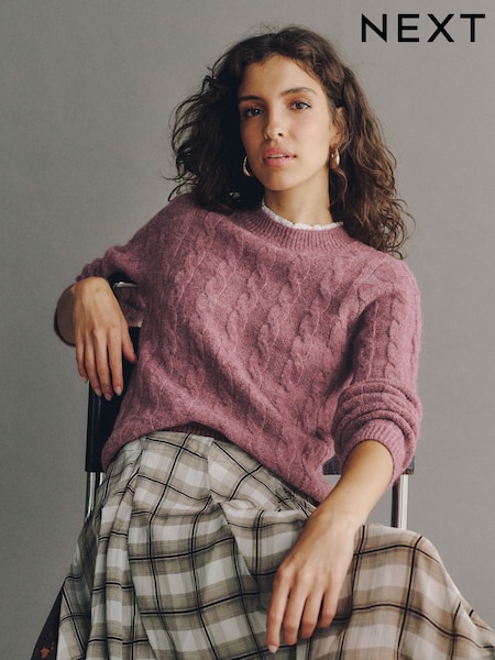Rose foncé - Pull en tricot torsadé avec col en dentelle