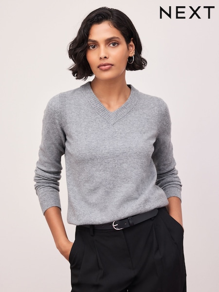 Grey - Supersoft V-neck Long Sleeve Jumper