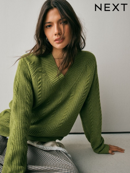Grön - Supersoft Cable Knit V-neck Mid Length Jumper