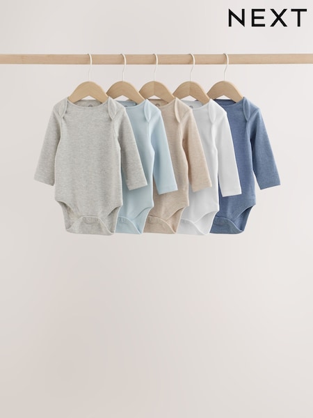 Grey/Blue/Neutral - Long Sleeve Baby Bodysuits 5 Pack