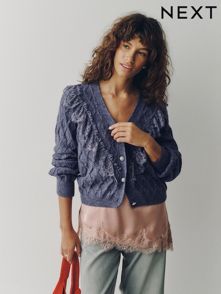 Purple - Lace Trim Gem Button Long Sleeve Cardigan
