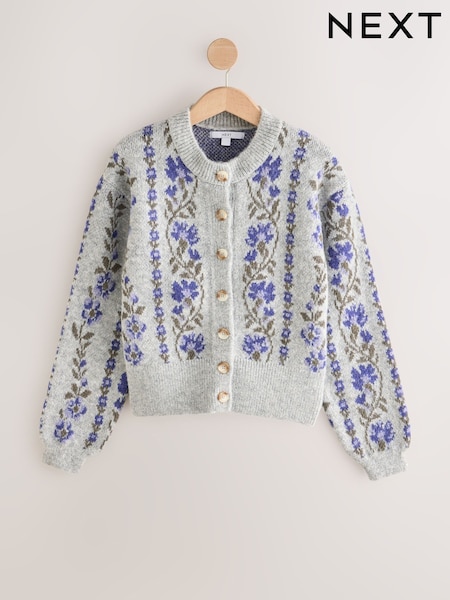 Grey/Purple Floral - Long Sleeve Crew Neck Knitted Cardigan