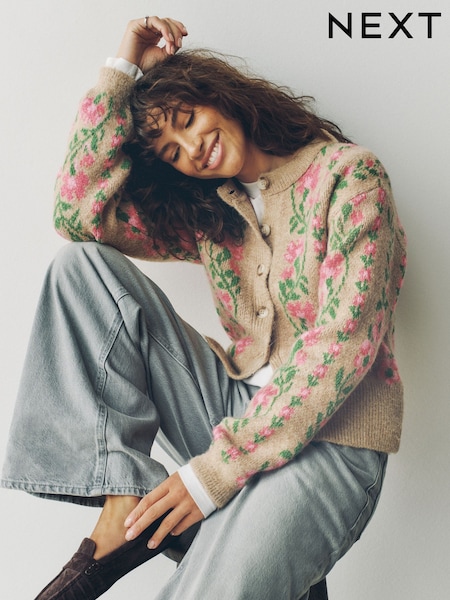 Camel/Pink Floral - Long Sleeve Crew Neck Knitted Cardigan