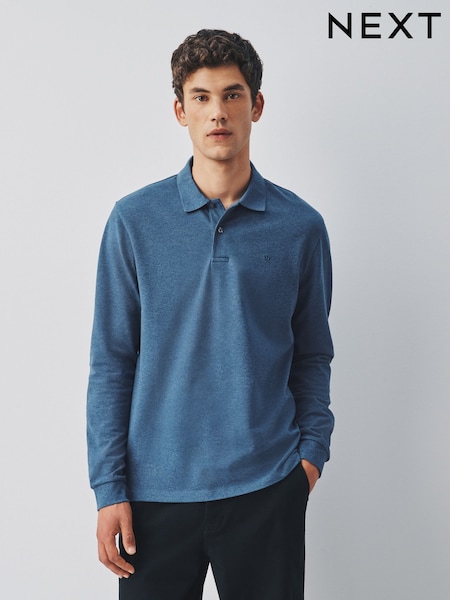 藍色麻灰色 - Regular Fit Long Sleeve Pique Polo Shirt