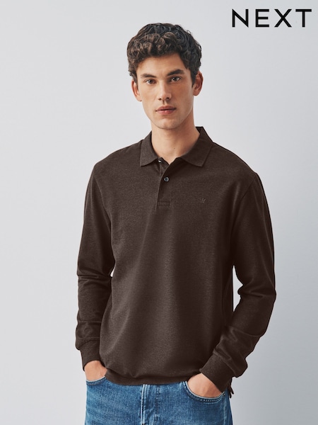 Brown Marl - Regular Fit Long Sleeve Pique Polo Shirt