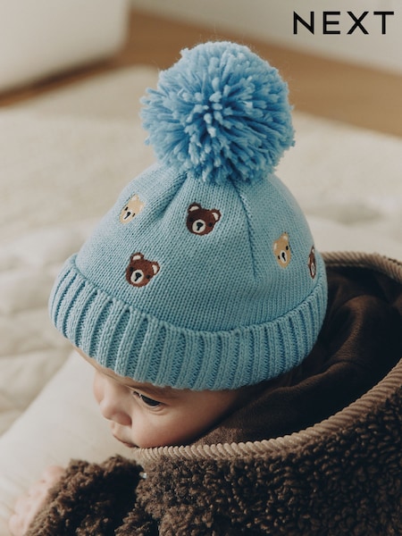 Blå broderad - Stickad Baby Hatt Med Pom