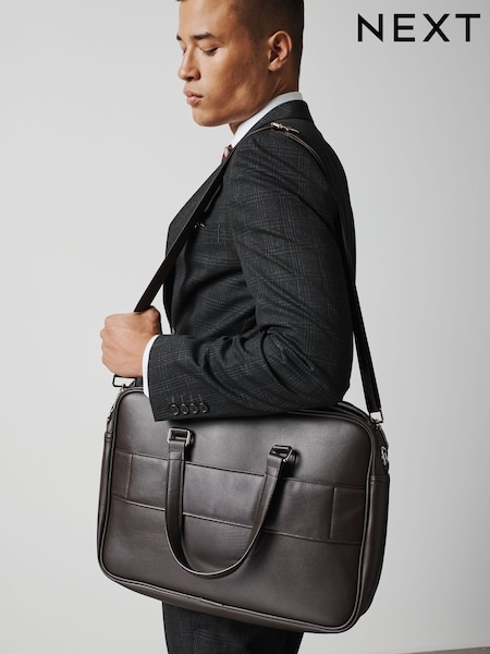 بني - Regular Faux Leather Briefcase