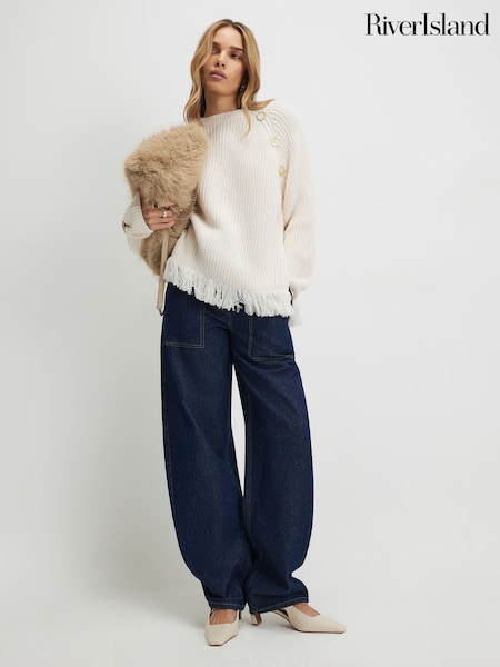 River Island Cream Fringe Hem Knitted Jumper (V64091) | $97