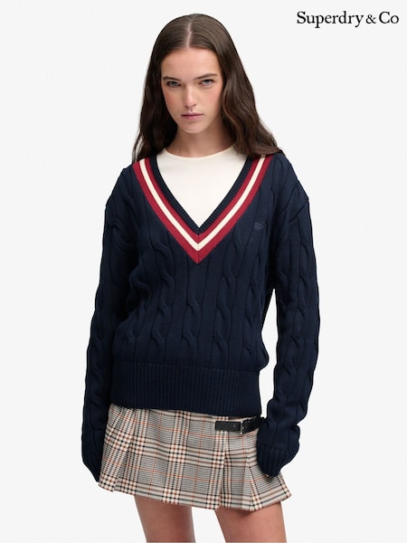 Blue - Superdry Classic Cable Cricket Knit Jumper