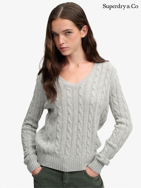 Grey - Superdry Wool Blend Cable V-neck Jumper