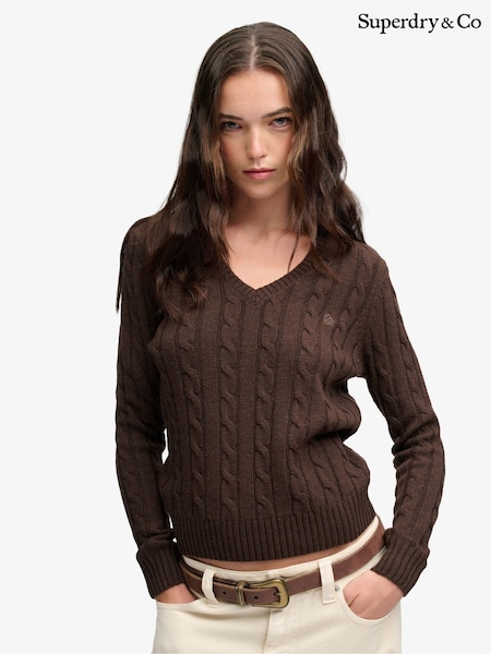 Brown - Superdry Wool Blend Cable V-neck Jumper