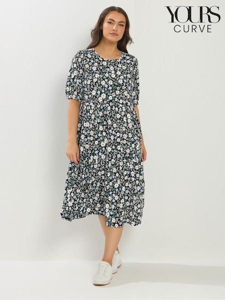 Yours Curve Black Puff Sleeve Tierred Midaxi Dress (V64410) | $85