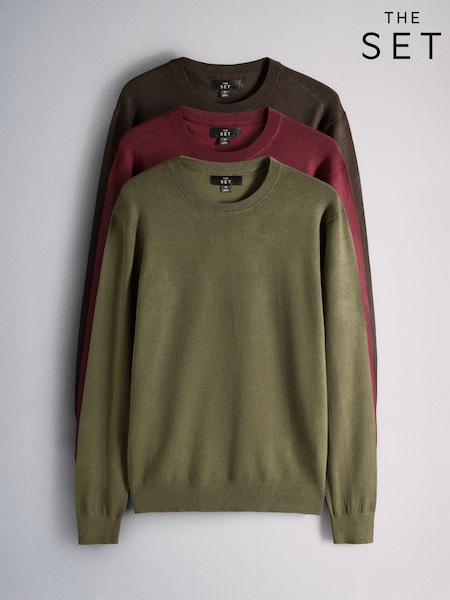 Brown - Regular The Set 3 Pack Long Sleeve Crew Neck Jumpers