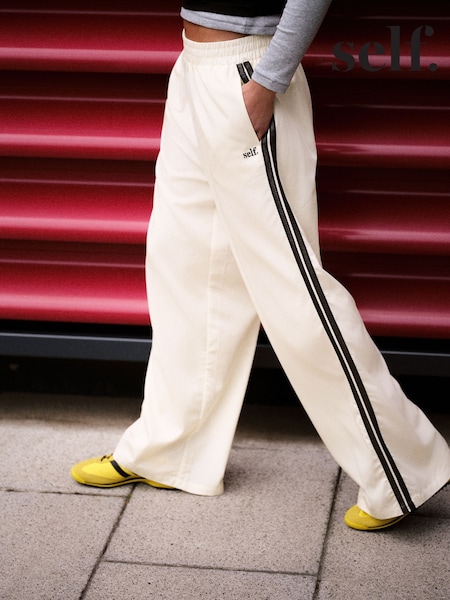 Ecru - Self. Wide Leg Viscose Blend Track Trousers With Side Stripe