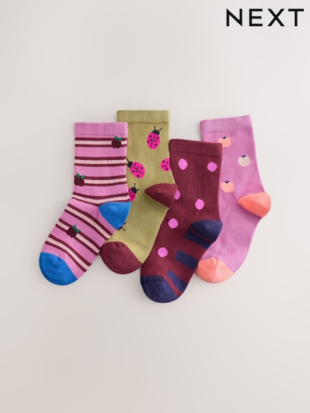Pink, Green and Plum - Cotton Rich Apple And Ladybird Ankle Socks 4 Pack