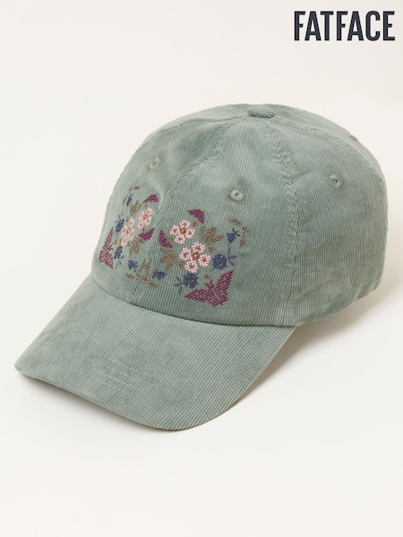 Green Haze - Fatface Cord Floral Embroiderd Cap